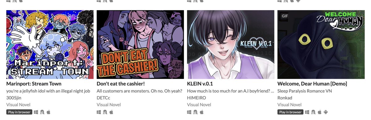 3005jin's tweet photo. my visual novels are 2nd and 15th on the itchio pages for VNs !!! i’m so happy! https://t.co/bTVSp32gDw