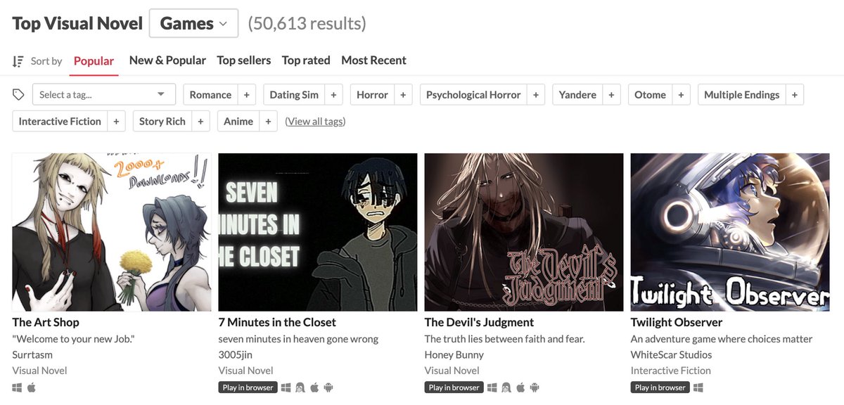3005jin's tweet photo. my visual novels are 2nd and 15th on the itchio pages for VNs !!! i’m so happy! https://t.co/bTVSp32gDw