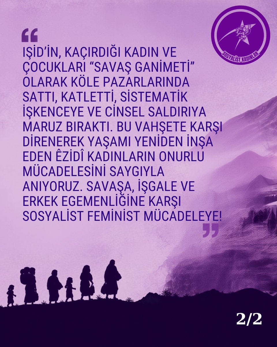 tspkadin's tweet photo. IŞİD’in tüm dünyanın gözleri önünde Êzidî halkına yönelik gerçekleştirdiği soykırımı unutmadık ve dirençle yaşamı yeniden inşa eden Êzidî kadınların onurlu mücadelesini saygıyla anıyoruz. Yaşasın Kadın Mücadelemiz! https://t.co/7VvM9GQ4ON