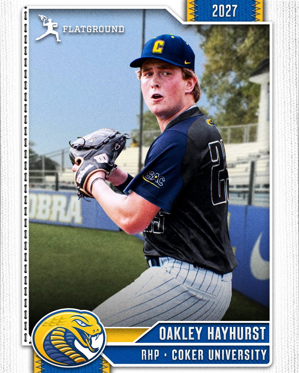 JRudd_Scout's tweet photo. ✅ #COMMITTED ✅

Congrats to @FlatgroundApp 2027 @oakleyhayhurst on his commitment to @CokerU_Baseball! The strike-throwing RHP has an upper 80s fastball with a plus slider and changeup. Great pickup for coach @FFKondla &amp; the Cobras! @jakerobbins49 @FlatgroundBats https://t.co/t5RhcfsJi2