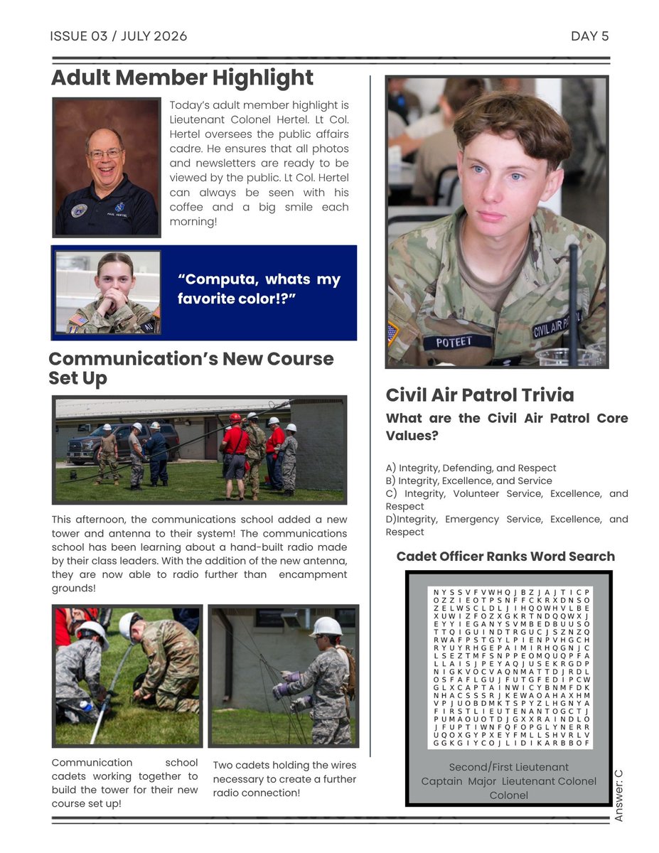 ILWGCAP's tweet photo. Day 5 Encampment newsletter! For photos of the encampment cadets participating in activities, go to:  https://t.co/zhpIYzkxoh https://t.co/mS8aBQ1XGJ