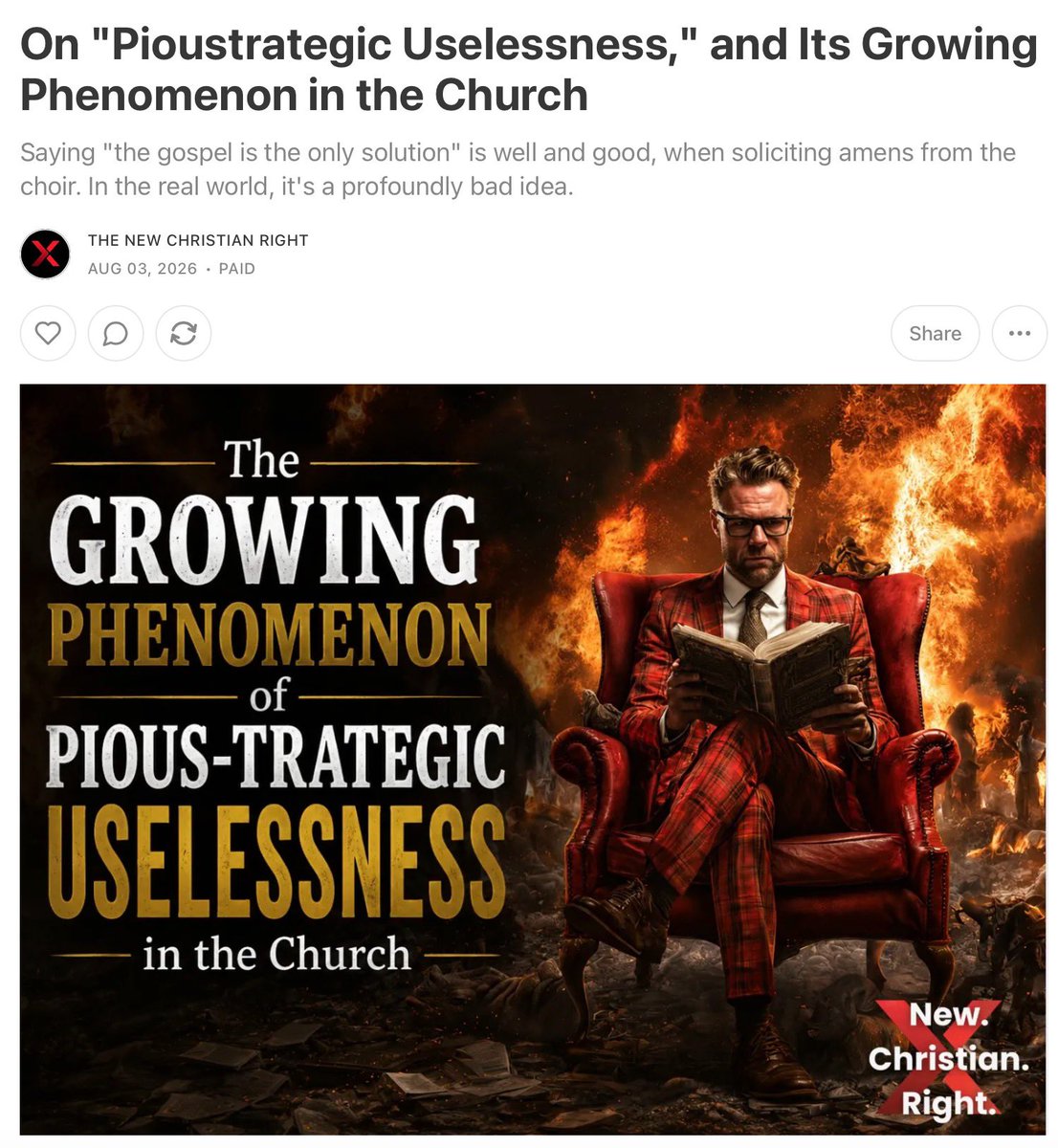 JoelWebbon's tweet photo. “This superpower of the modern pietist Jesus Juke is its miraculous ability to transform every policy issue into a passion play. Immigration? Gospel. Borders? Gospel. Crime? Gospel. Civilization? Gospel. Whether the problem concerns demographics, geopolitics, economics, or race, the answer arrives with the dependable regularity of Old Faithful. “Preach the gospel.” Never mind that Christians have spent two thousand years preaching the gospel while simultaneously governing cities, writing laws, raising armies, punishing criminals, building hospitals, defending nations, and chasing pirates off the Mediterranean. James White’s theology doesn’t leave room for walking and chewing gum at the same time, because you don’t need walking or gum if you have the gospel.

And when someone notices that reducing every controversial question to “just preach the gospel” is less an argument than a theological escape hatch, James doesn’t merely disagree. He reaches for the rhetorical flamethrower and fires up the webcam. Suddenly the critic isn’t mistaken. He’s dangerous. He’s bringing reproach upon Christ. He has, through the mysterious alchemy unique to the Dividing Line, somehow become a threat to Christianity itself because he dared to suggest that civil governments might possess responsibilities extending beyond distributing Romans Road tracts at the border crossing. 

But this malfunction isn’t unique to James White. It is the policy de jure of a great many critics of Christian Nationalism, regardless of their eschatology. On Jeremy Boreing’s program, Jon Harris chided Christian Nationalists by saying, “Christian Nationalism requires a people who are actually Christians,” which makes for a great one-liner, his credibility only slightly lessened by claiming an entire race of non-Christians are the chosen people.

The argument goes something like this: a Christian nation requires Christians; the preaching makes Christians of the gospel; therefore, preaching the gospel is the only meaningful response to every societal issue. By that logic, Christians have no business building schools, raising children, serving as magistrates, writing just laws, restraining evil, preserving their inheritance, or doing much of anything besides waiting for the next evangelistic opportunity. Civilization becomes little more than the lobby outside an altar call. The Christian’s entire public vocation is reduced to a long series of Vacation Bible Schools until eventually, enough conversions accumulate to produce a functioning nation by spontaneous theological combustion. Apparently, civilizations don’t have to be built or defended. You just preach the gospel until a fully functioning civilization hatches from the gospel like a butterfly from a cocoon.”

*Read the full article by using the link to our website in bio.