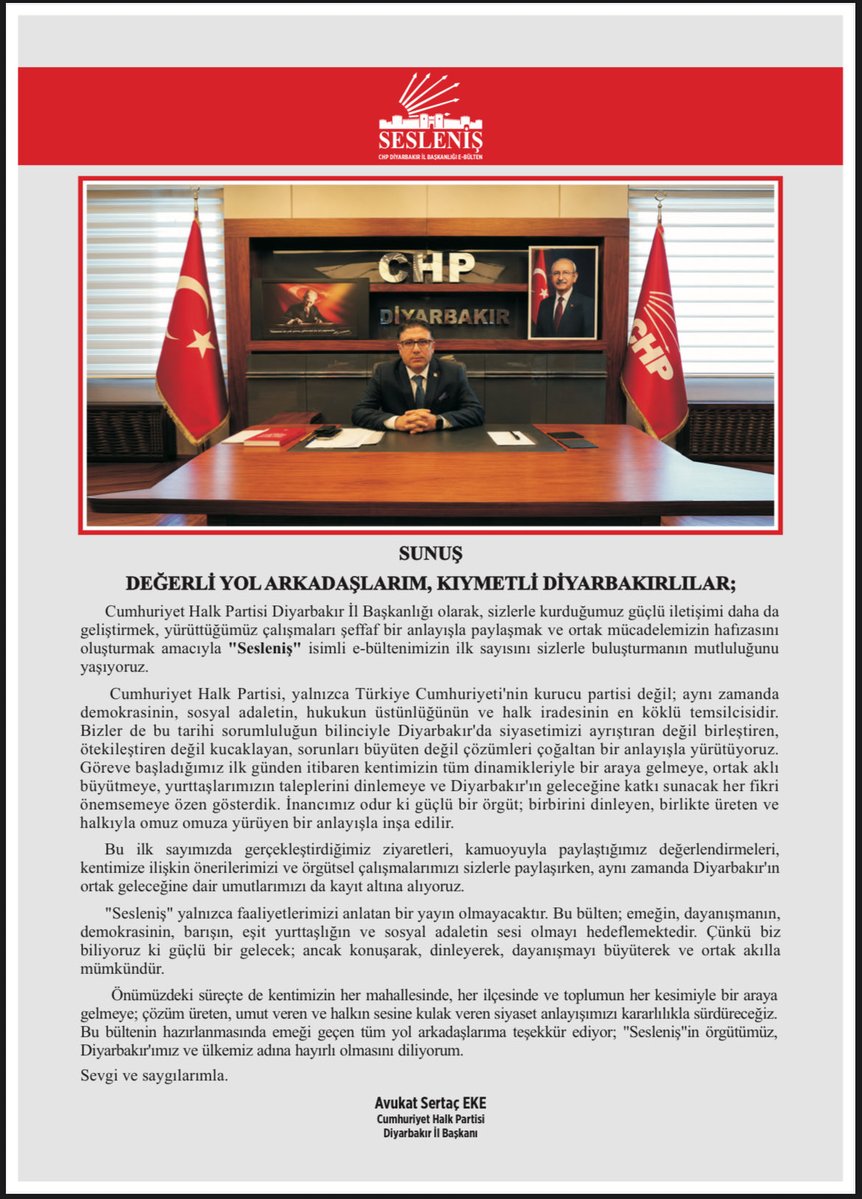 sertacekechp's tweet photo. #SESLENİŞ

Partimizin ilk bültenini, hem dijital (E-Bülten) hem de basılı formatta yayımlamanın mutluluğunu yaşıyoruz.

Bu bülteni yalnızca dönemsel bir yayın olarak değil; partimizin kurumsal hafızasını güçlendiren, çalışmalarımızı kayıt altına alan ve siyasal değerlendirmelerimize ışık tutan kalıcı bir arşiv olarak görüyoruz. Aynı zamanda örgütümüzün emeğini, düşünsel üretimini ve halkımızla kurduğu bağı görünür kılan önemli bir iletişim aracıdır.

Cumhuriyet Halk Partisi’nin köklü kurumsal kültürüne yakışır nitelikte, bilgiye, emeğe ve ortak akla dayanan yayınlarımızı kararlılıkla sürdüreceğiz. Çünkü inanıyoruz ki güçlü örgütler, güçlü bir hafızaya ve sürekli üreten bir siyasal dile sahiptir.

İlk sayımızın Diyarbakır’ımıza, örgütümüze ve partimize hayırlı olmasını diliyor; emeği geçen tüm yol arkadaşlarımıza gönülden teşekkür ediyoruz.

@herkesicinCHP @kilicdarogluk @muslimsarichp @chpdiyarbakirx