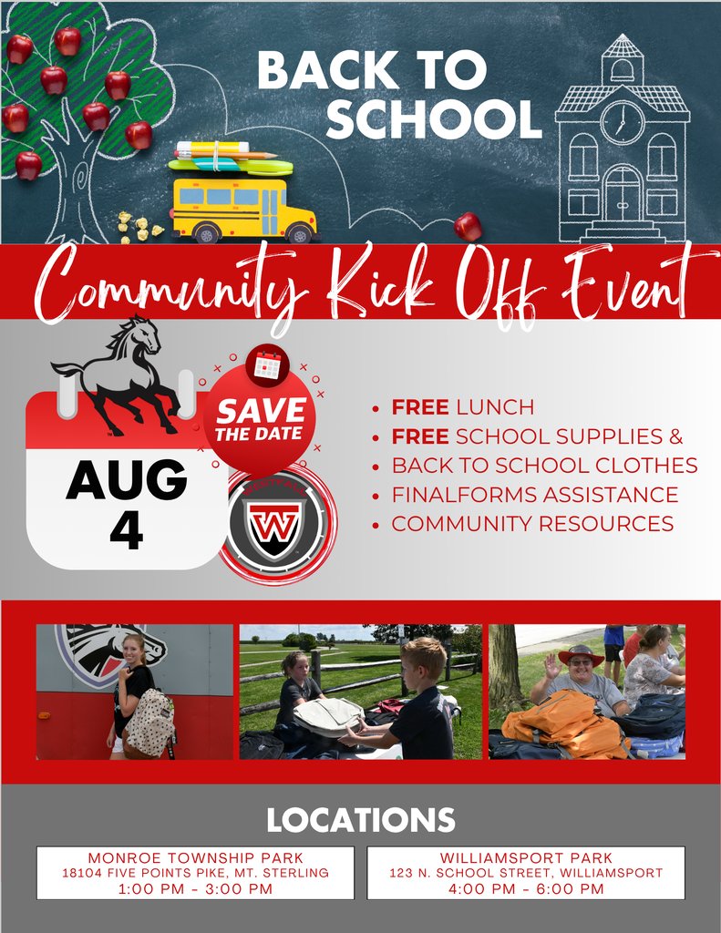 WestfallSchools's tweet photo. Join us tomorrow, Aug. 4, for our FREE Back-to-School Kick-off Community Event! Enjoy free food, school supplies, community resources, and FinalForms assistance. Monroe Township Park, 1-3 p.m.; Williamsport Park, 4-6 p.m. We hope to see you there! https://t.co/3x3bxw7BV1