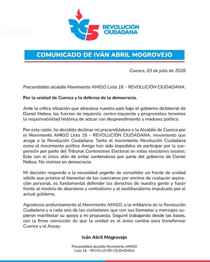 jpachecoe's tweet photo. #Política| Se veía venir. 
Iván Abril Mogrovejo anunció que declina su precandidatura a la Alcaldía de #Cuenca por el movimiento AMIGO–Revolución Ciudadana; ambas agrupaciones fueron suspendidas.

Afirmó que tomó la decisión para impulsar un frente de unidad. https://t.co/u4KDRWYg2w