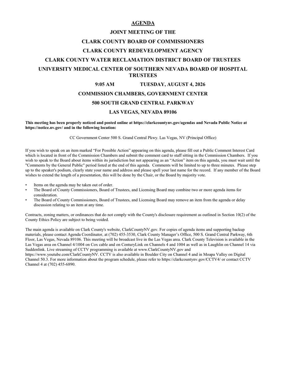 Commishbecker's tweet photo. The Clark County Commission meets Tuesday, August 4th at 9:00 AM in the Commission Chambers at the Government Center.

📺 Watch live:
• https://t.co/y0xJ5FrolD
• Clark County Television (CCTV)
• YouTube: ClarkCountyNV https://t.co/xQ7huwsKe0