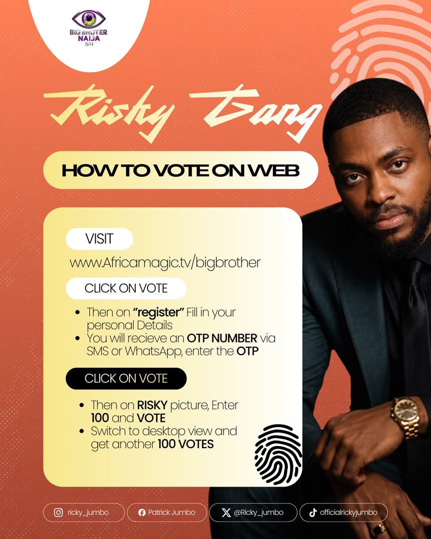 Ricky_jumbo's tweet photo. RISKY GANG!!!!

It's time to VOTE!!!!! Ricky is up for EVICTION and he needs every single one of us to keep him in the house ‼️

No room for play play  this time, Use 100× the energy you almost used to making him a Gambit and channel it into keeping him at the TOP of the polls! It's time to get to real business. 🔥

Voting lines open at 9:00 PM and close on Thursday at 10:00 PM 🗳️💣

VOTE RICKY
THE MONEY IS RISKY
#RickyJumbo #BBNaij