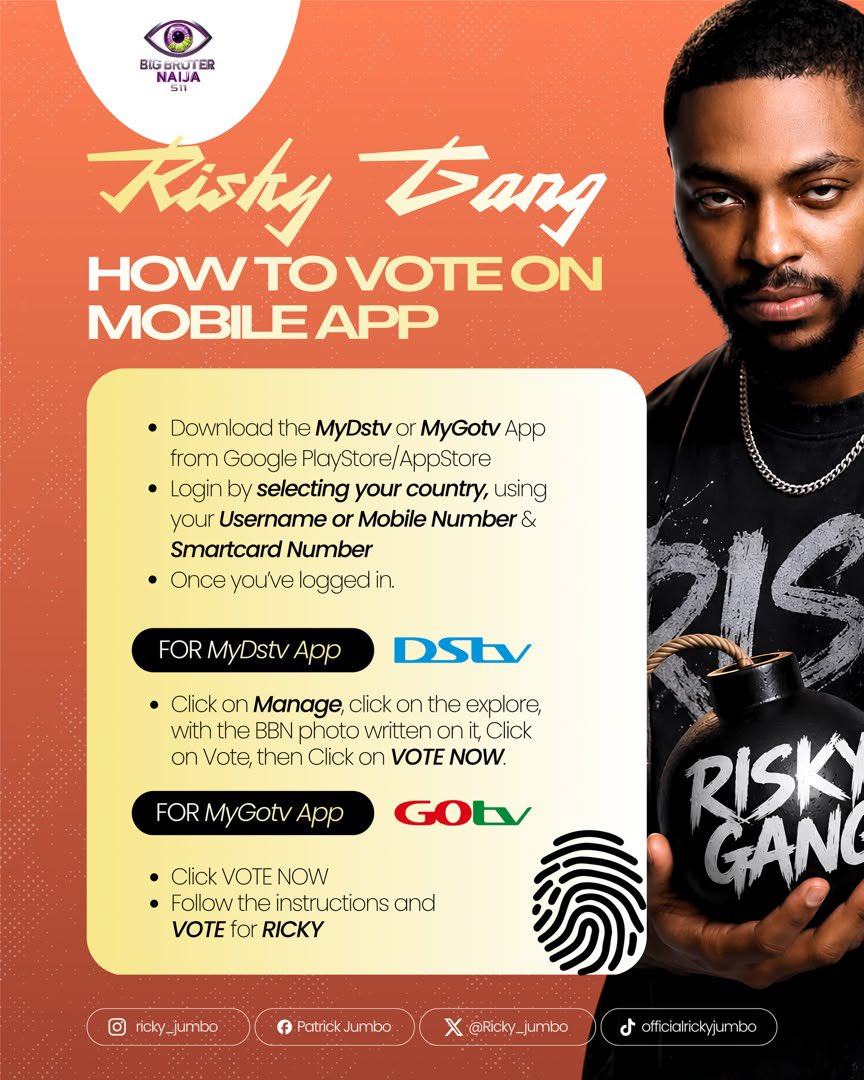Ricky_jumbo's tweet photo. RISKY GANG!!!!

It's time to VOTE!!!!! Ricky is up for EVICTION and he needs every single one of us to keep him in the house ‼️

No room for play play  this time, Use 100× the energy you almost used to making him a Gambit and channel it into keeping him at the TOP of the polls! It's time to get to real business. 🔥

Voting lines open at 9:00 PM and close on Thursday at 10:00 PM 🗳️💣

VOTE RICKY
THE MONEY IS RISKY
#RickyJumbo #BBNaij