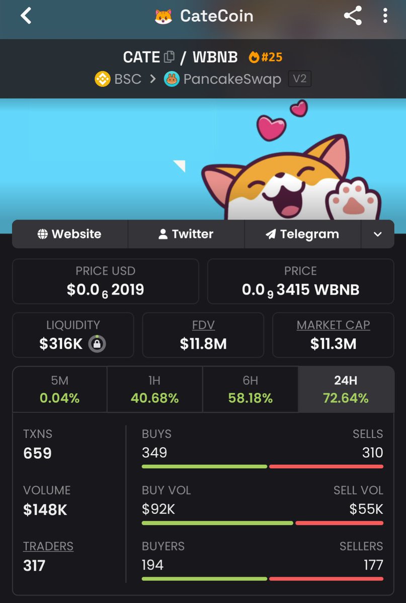 WorldStreetX's tweet photo. $CATE OG putting up real numbers today: +72.64% (24h), +58% (6h).

Volume and buyer count both climbing. This isn't just noise. Holding since 2021, for transparency. #CateCoin https://t.co/BLCJLnRtCY