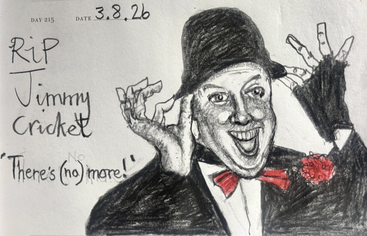 Venster67's tweet photo. One Sketch A Day 3.8.26
‘RiP Jimmy Cricket’
‘There’s (no) more!’
#ripjimmycricket #jimmycricket #theresmore #onesketchaday #visualjournal https://t.co/W7ZrScG0Hm