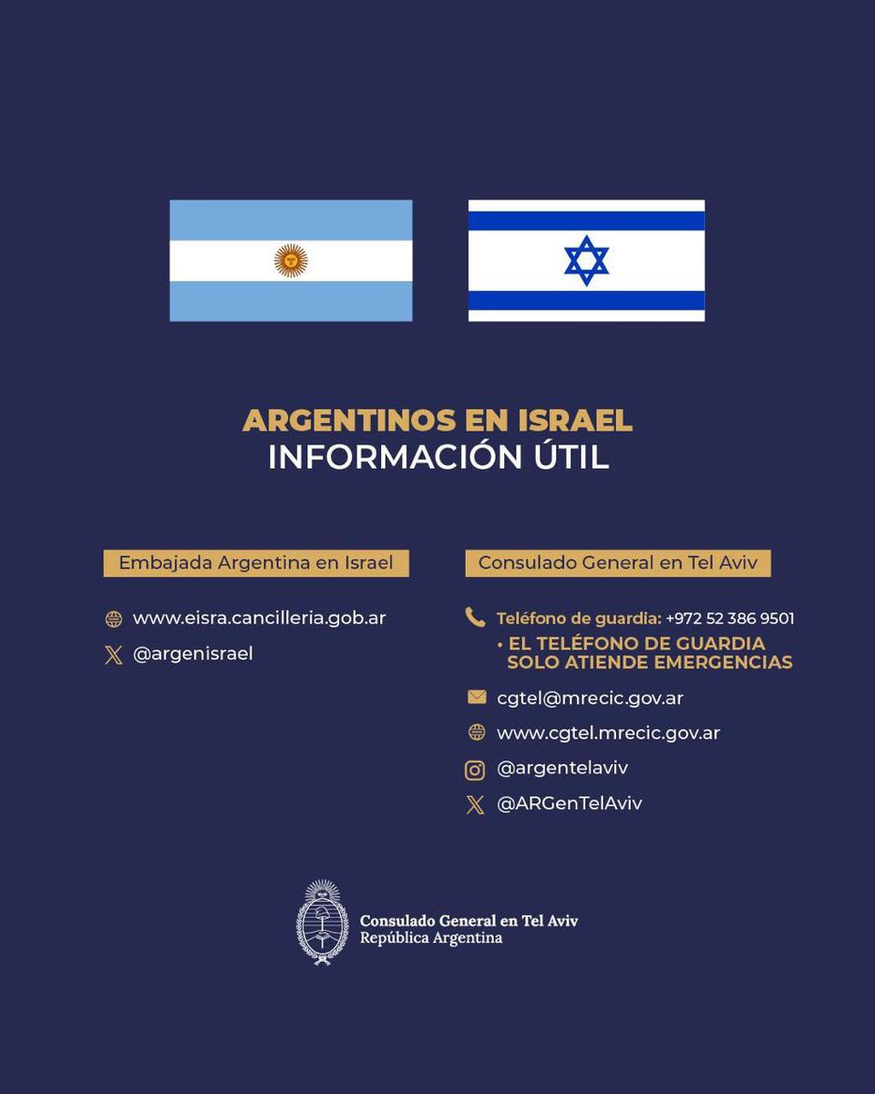 ARGenTelAviv's tweet photo. Alerta Consular  

Frente al reciente incremento de la tensión en Medio Oriente, se sugiere postergar los viajes no esenciales a la región.

Abrimos hilo 🧵⬇️ https://t.co/rkWrsgwiQm