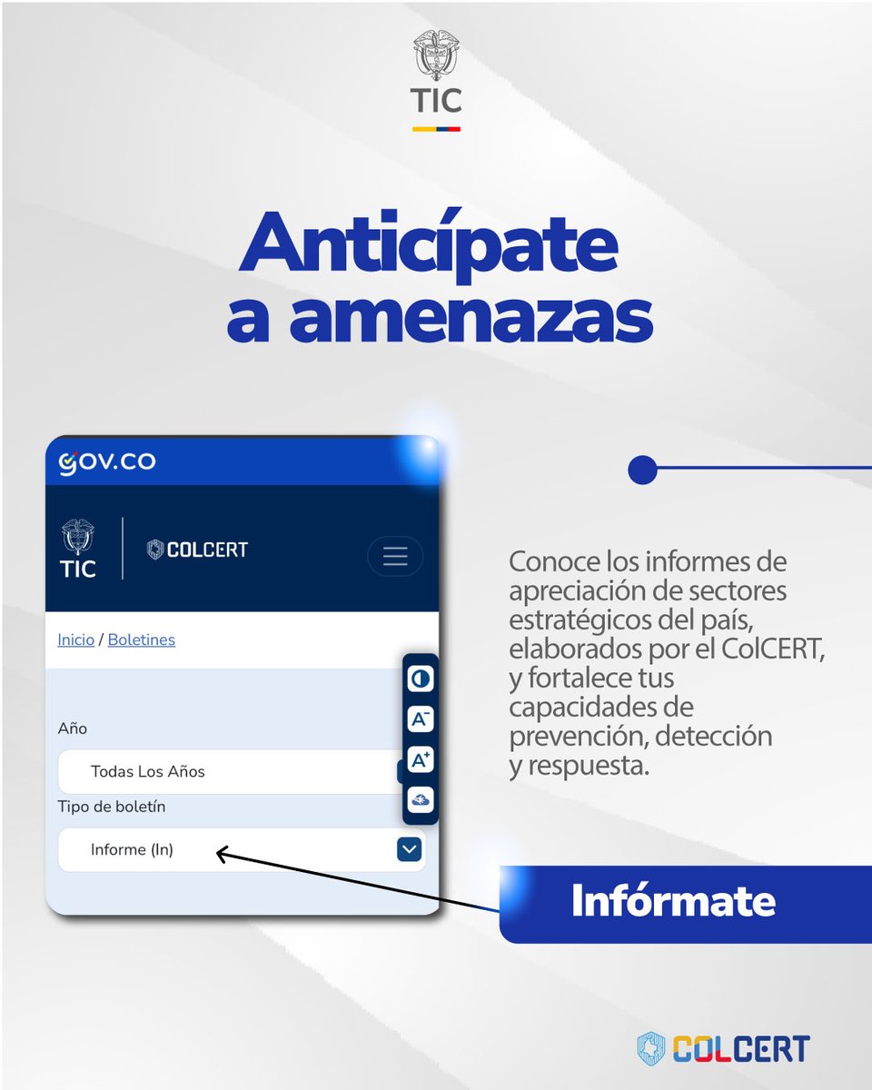 colCERT's tweet photo. Las amenazas cibernéticas evolucionan constantemente y los sectores estratégicos del país continúan siendo un objetivo.⚠️Desde el #ColCERT te invitamos a consultar nuestros informes de apreciación y fortalecer las capacidades de prevención. Consulta en:🔗  https://t.co/gBrwEa9QQo https://t.co/OlKn1qK3Mx