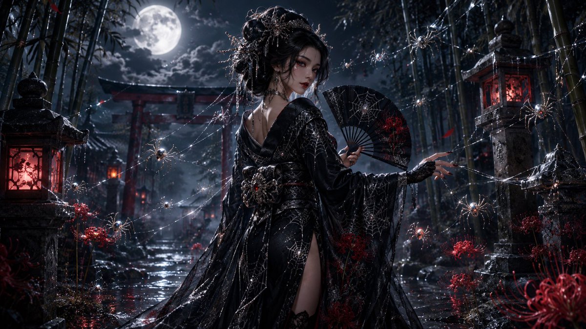 NIGHTSHADE8850's tweet photo. By moonlight, she weaves silence into silk.
Each silver thread guards a secret.
Each crimson flower marks where curiosity came too close.
The spiders do not serve her.
They simply recognize their queen.
🕸️🌙🖤
The Spider Silk Geisha
#GothicGeisha #FantasyArt #AIArt #DarkFantasy #JapaneseInspired #DigitalArt #MoonlitGarden