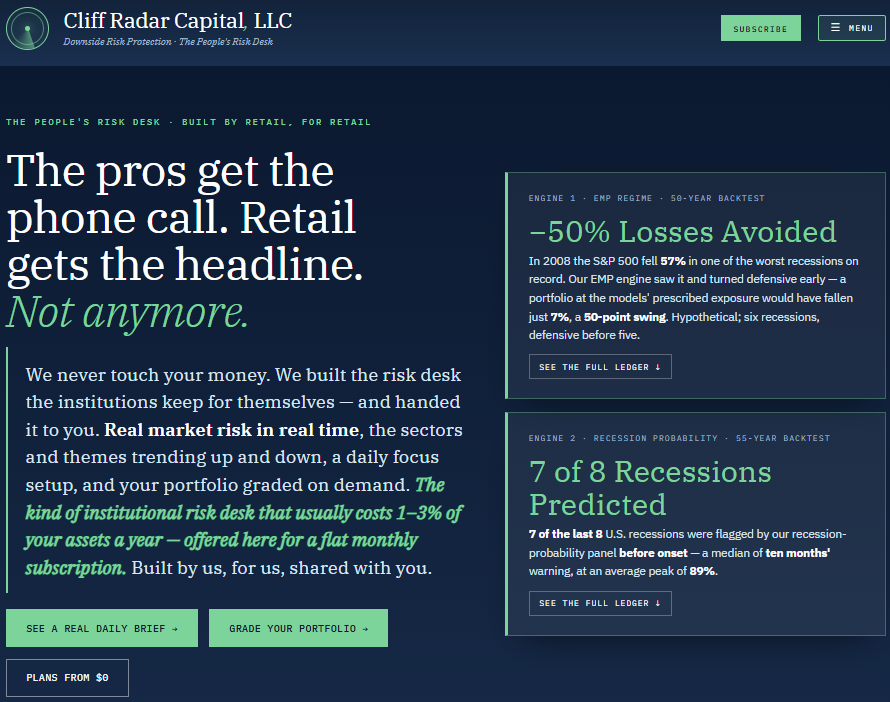 CliffRadarHQ's tweet photo. Last month, a lot of high-flying portfolios — the ones loaded up on the hottest AI and momentum names with no plan for the downside — fell anywhere from 30% to 70% off their highs.

Ours held steady.

That's not luck. It's the entire reason Cliff Radar Capital exists: protect capital first. While the market ran hot, our PAM model kept us deliberately defensive — broad-market and low-volatility core, staples, healthcare, utilities, a little gold for ballast — and shifted us to take profits instead of chasing the crowd.

But here's what we're proudest of: we're never satisfied. Every day we test, audit, and run shadow models against our live strategy, hunting for ways to invest our own money — and yours, if you ride alongside us — a little smarter than yesterday.

We didn't build this to gamble. We built it to endure. 

See it for yourself. We publish our positioning, our risk posture, and how the models are thinking — in plain language, updated regularly — at https://t.co/M2a4spMpQk. Come look under the hood, follow the strategy in real time, and decide if investing alongside us makes sense for you. This is what disciplined, transparent investing actually looks like.

Explore our low-risk, medium-risk, and high-risk portfolios on @joinautopilot. Search "Tactical Radar" on their app to see all three.