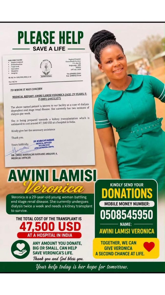 5oddsHene's tweet photo. Please help save Awini Lamisi Veronica’s life.
At just 29 years old, Awini’s survival currently depends on dialysis twice a week. She urgently needs a kidney transplant in India, which is estimated to cost USD 47,500. Her family cannot cover this amount on their own and is desperately seeking support, kindly donate or call these numbers 

Contact:
(03820) 22461 or (03820) 22216