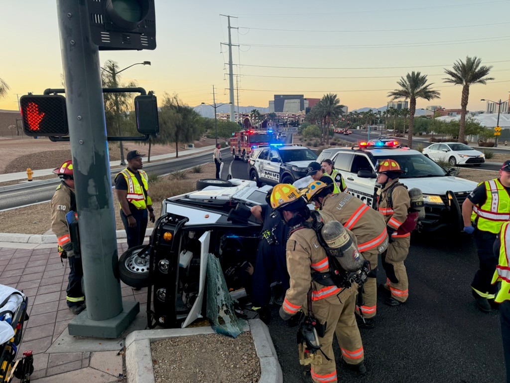 LasVegasFD's tweet photo. Las Vegas Fire &amp; Rescue responded to a vehicle rollover incident. Emergency crews utilized extrication tools to safely remove the occupant, who was transported in stable condition to UMC Trauma for further evaluation and treatment. Stay safe on the roads, Las Vegas. https://t.co/JnJE8mpgKY