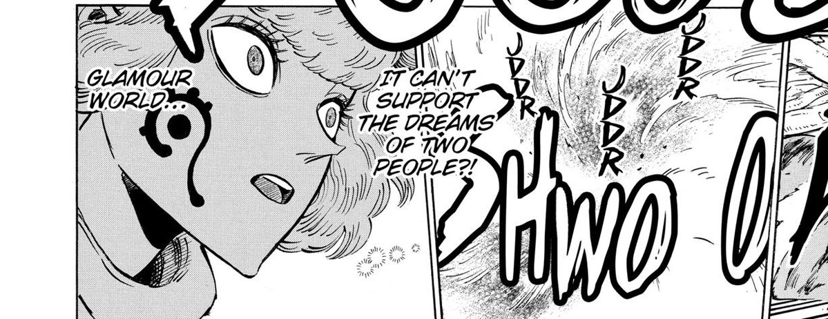 Maithem61's tweet photo. "It was overloaded and exploded" 

The elf created a cotton monster that has space with an entire galaxy inside it and it had no consequences on glamour world

The manga LITERALLY states it collapsed because and I quote "It can't support the dreams of two people" https://t.co/WBARYr8ccg