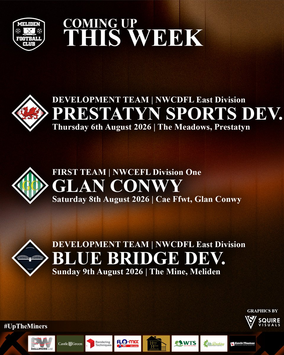 fc_meliden's tweet photo. 🟠COMING UP THIS WEEK!⚫ 

📅 Thu. 6th Aug. | 6:30pm
🆚 @PrestatynSports Dev. | AWAY
🏆 NWCDFL East Div.

📅 Sat. 8th Aug. | 2:30pm
🆚 @GlanConwyFc | AWAY
🏆 NWCEFL Div. One

📅 Sun. 9th Aug. | 2pm
🆚 @CPDBlueBridge Dev. | HOME
🏆 NWCDFL East Div.

#UpTheMiners🟠⚫ https://t.co/KLlIfPn4fo