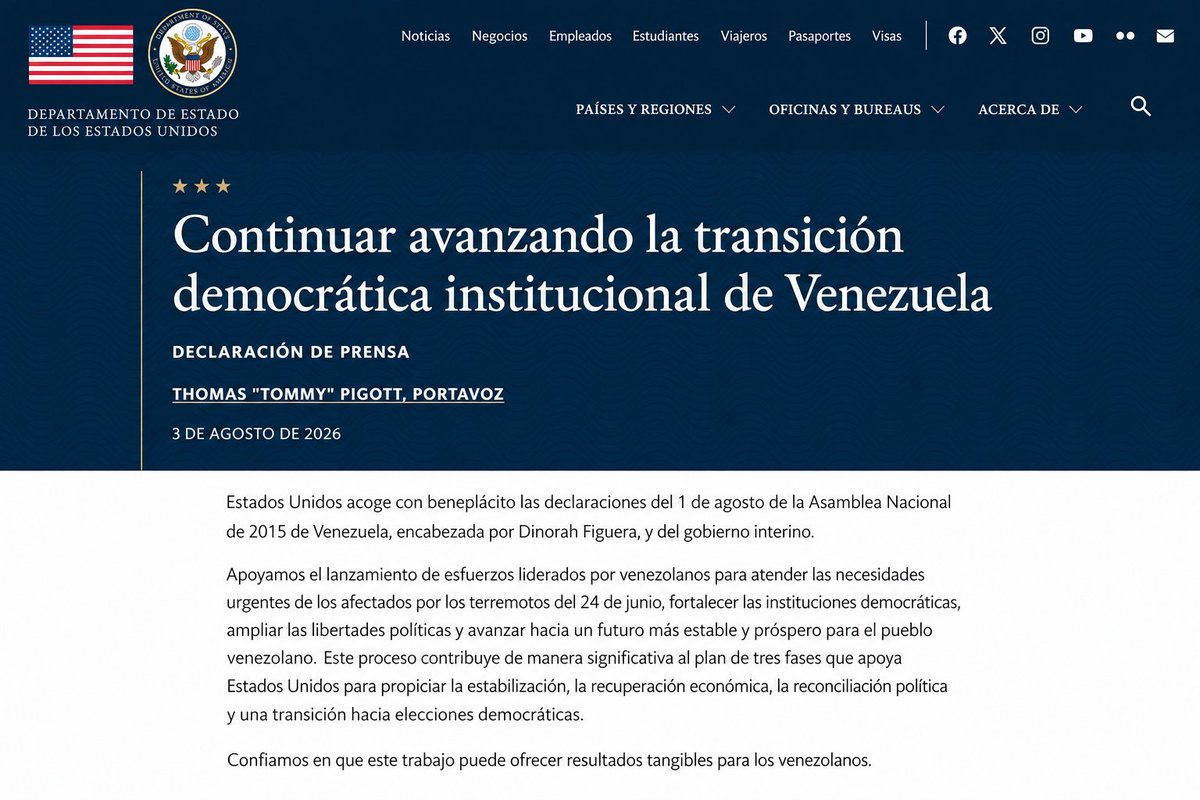 elhabito's tweet photo. 🇺🇸🇻🇪 Leí el comunicado que el Departamento de Estado publicó hoy sobre Venezuela, y hay algo que vale la pena señalar: ya no hablan solo de apoyar un diálogo, hablan de un plan de tres fases, estabilización, recuperación económica y transición a elecciones democráticas, que Washington respalda formalmente. Lo hacen, además, conectando en la misma frase la ayuda a los afectados por el terremoto del 24 de junio con el fortalecimiento de las instituciones democráticas, como si por fin entendieran que reconstruir el país y reconstruir la democracia son la misma tarea. Se nota también en el lenguaje: hablan de esfuerzos liderados por venezolanos, no de un plan impuesto desde afuera. Y cierran con una frase que no suena a protocolo: dicen tener confianza en que este trabajo va a dar resultados tangibles para los venezolanos. Después de tantos años de promesas vacías, que un comunicado oficial hable de resultados medibles y no de buenas intenciones ya es, de por sí, una diferencia que se siente. Como María Corina, prefiero mantenerme expectante, no ingenua. Ojalá pronto lleguemos a elecciones libres. Mientras tanto, seguimos vigilantes. 🗳️