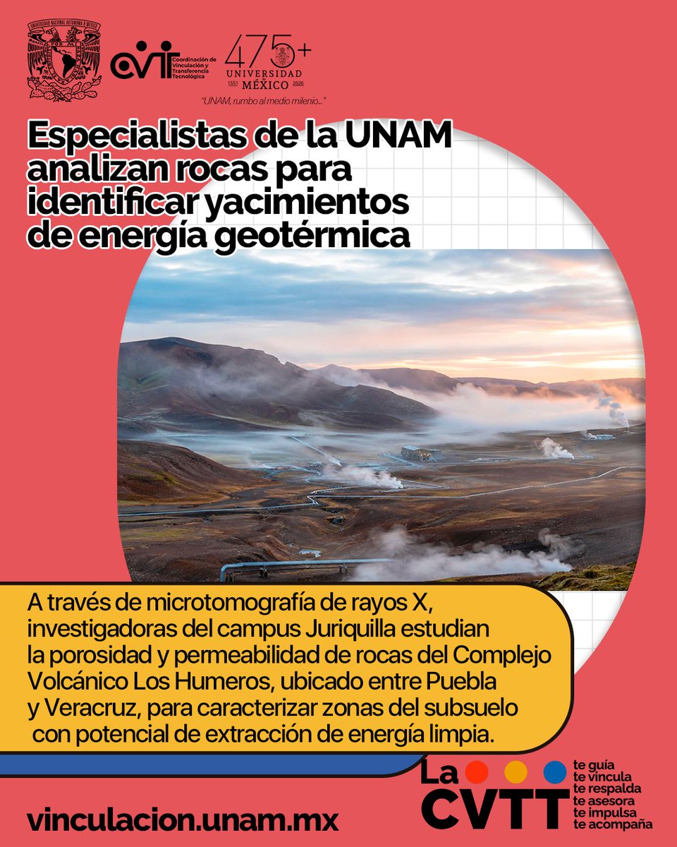 VinculacionUNAM's tweet photo. El Instituto de @GeocienciasUNAM analiza muestras en el Laboratorio Universitario de Microtomografía de Rayos X (LUMIR) para optimizar la exploración de yacimientos geotérmicos en México. 🌋⚡🔬 Conoce más. 👇
https://t.co/tkdqkXCaH5 https://t.co/bolnWLI4PK