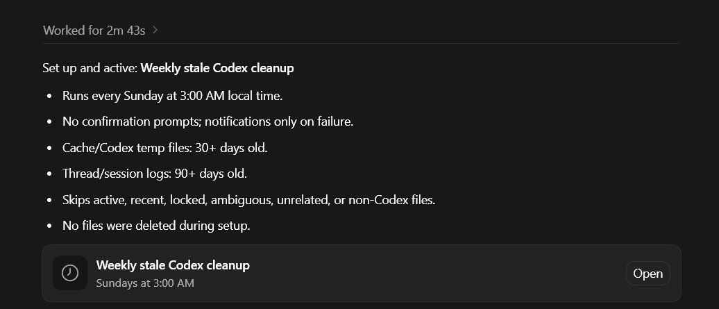 Ananth7e's tweet photo. codex tip: let codex clean up after itself.

codex itself generates a lot of stale cache, old thread logs, and temp files over time. here's how to automate the cleanup.

prompt: "set up a weekly automation that clears out old codex cache, thread logs, temp files that are safe to remove. don't touch anything active or recent. only stale data that's just sitting there taking up space. run this automatically every week without asking me each time."

just copy paste this prompt into codex and it will set it up.

codex runs this automation every week.