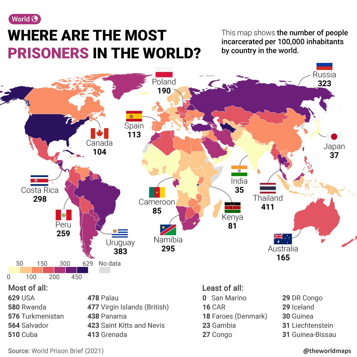 BrilliantMaps's tweet photo. Number of Prisoners Per 100,000 People Around The World

https://t.co/DdAVc3ylPn https://t.co/BVikm8Dkom