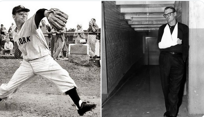 Jimfrombaseball's tweet photo. "Ryne Duren was the standard by how we ranked hard throwers.
We’d say [so-and-so] can throw almost as hard as Duren."
Jim Kaat.
"I know I was faster 10 years ago.
I think Jim Maloney, Bob Veale, Bob Gibson and perhaps one or two others throw faster.
In my best days I don't think I threw faster than Ryne Duren.
He was the fastest I ever saw."
Sandy Koufax.
"Ryne Duren could throw the heck out of the ball.
He threw fear in some hitters.
I remember he had several pair of glasses, but it didn’t seem like he saw good in any of  them."
Yogi Berra.
Ryan Duren was the inspiration for Charlie Sheen’s "Wild Thing" character in the movie "Major League".
"I never really knew what it was like to pitch a sober inning."
Ryne Duren