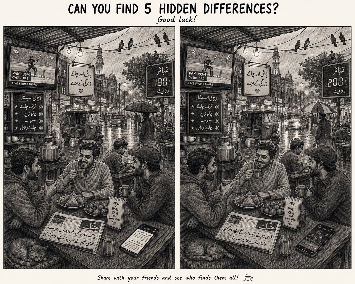 AappKoon's tweet photo. Can you find all 5 hidden differences?

These rainy Pakistani chai dhaba sketches look identical, but 5 tiny details have changed. 👀

Reply with your score and time, but don’t reveal the answers! 🤫

Challenge a friend 👇

#SpotTheDifference #Pakistan #BrainTeaser https://t.co/Axyc0YtNDA