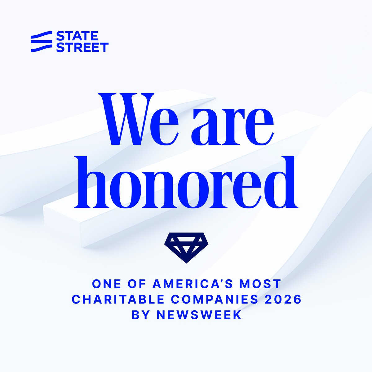 StateStreet's tweet photo. State Street is honored to be named one of America’s Most Charitable Companies by @Newsweek, recognizing organizations making a difference through community investment, philanthropy, and volunteerism.

This recognition reflects the dedication of our employees around the world and the firm’s longstanding commitment to strengthening the communities where we live and work.

Thank you to our employees, nonprofit partners, and community organizations who help turn commitment into action every day. https://t.co/01ZRr6XfoH