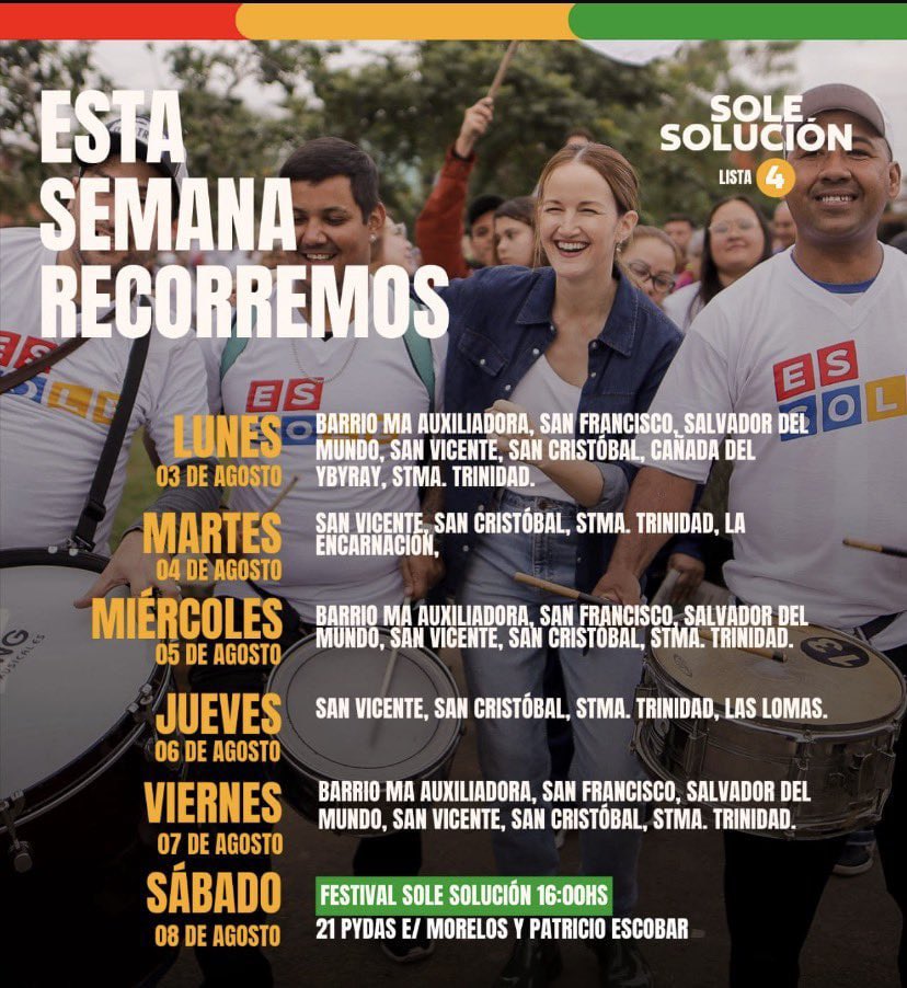 FilizzolaRafael's tweet photo. Recorriendo los barrios y escuchando a la gente @solenu lleva la esperanza y las propuestas de #cambio que merece nuestra querida #Asunción. Porque nuestra capital es de todos. #NUNCAMÁS a los saqueadores de siempre.
#SoleIntendenta LISTA 4 ✅
#Consejales LISTA 3 ✅ https://t.co/ApdXJntquL