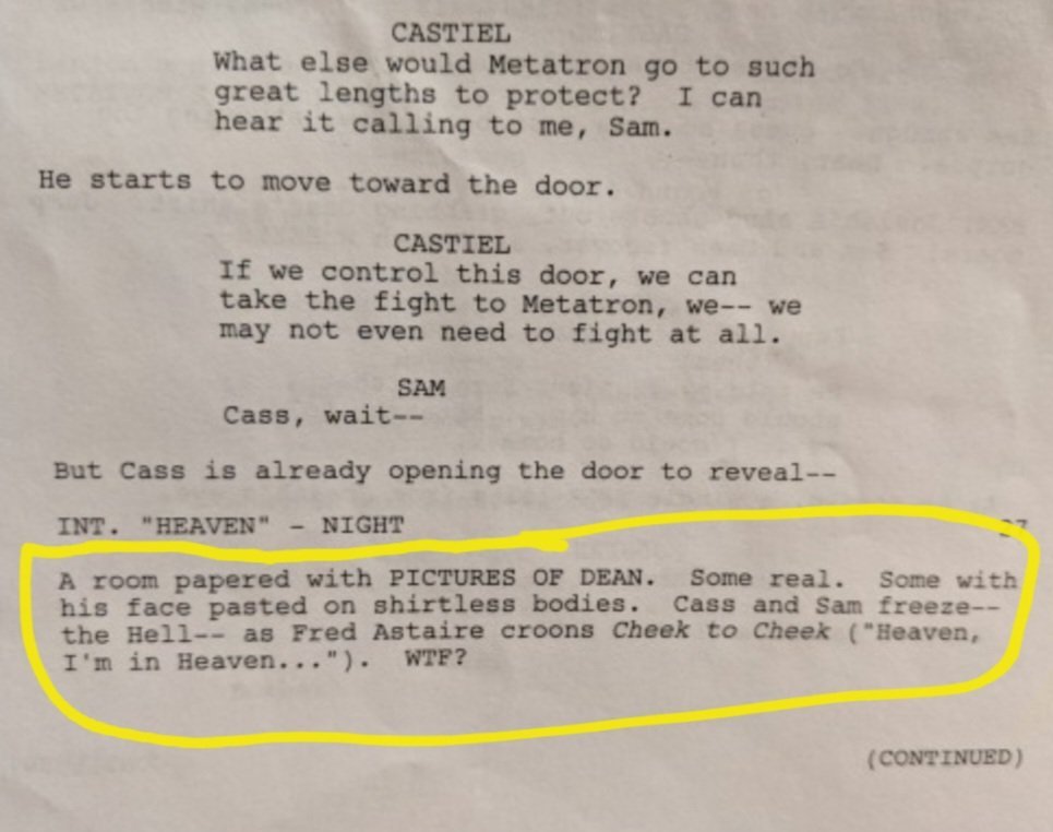 CasIsLoved's tweet photo. you'd think it's taken straight from a fanfiction but no, it's actually from the script for an episode of supernatural https://t.co/r8NkTulNKL
