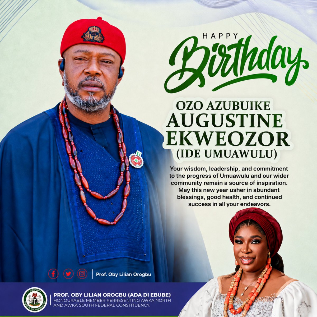 Oby_Orogbu's tweet photo. Birthday Felicitations   

On behalf of myself and the good people of Awka North and Awka South Federal Constituency, I extend heartfelt congratulations to Ozo Azubuike Augustine Ekweozor, Ide Umuawulu, on the occasion of your birthday.  

Your wisdom, leadership, and commitment to the progress of Umuawulu and our wider community remain a source of inspiration. May this new year usher in abundant blessings, good health, and continued success in all your endeavors.  

We celebrate you today and always. Happy Birthday, Ide Umuawulu! 

-POLO