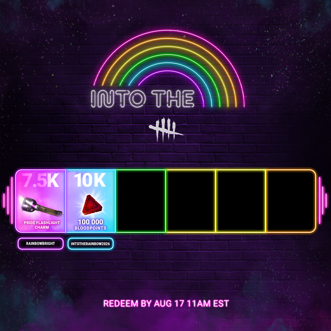 DeadbyDaylight's tweet photo. We've reached our second #IntoTheRainbow milestone, and this is worth celebrating! 🌈

You can now enter the code INTOTHERAINBOW2026 in the in-game Store to redeem 100K Bloodpoints. 

But we're far from done. Donate now 🔗 https://t.co/eEoli4g5ZM https://t.co/NZ6DuoTTvk