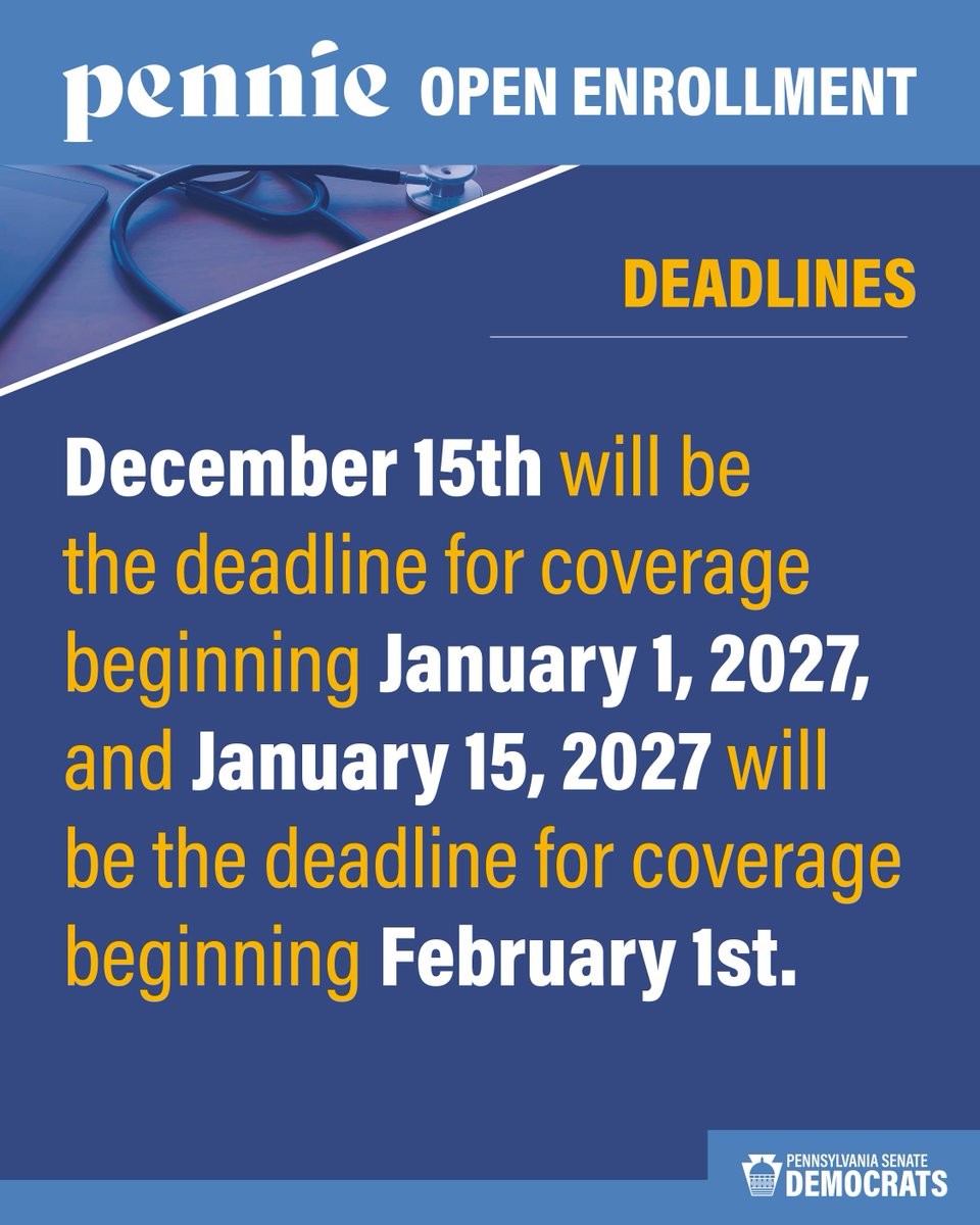 PaSenateDems's tweet photo. For those looking for affordable health insurance, Pennie Open Enrollment will now run from Nov. 1 to Jan. 15. 

Learn more at https://t.co/vU6YXZ00w6 https://t.co/a9M2nuFcZO