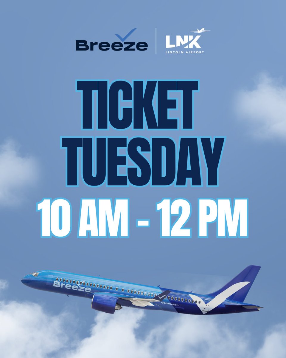 LNKairport's tweet photo. Breeze Into Savings. Book It. โ๏ธ
Visit the @BreezeAirways ticket counter from 10 AMโ12 PM every Tuesday to save big!
Must be present in person to take advantage of this great deal.
#FLYLNK #flylocal #BreezeAirways https://t.co/nztbxNtMbE