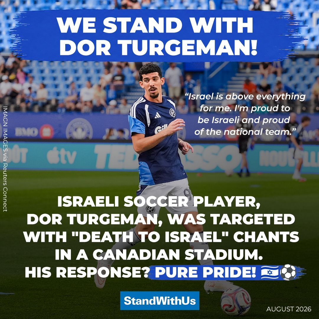 StandWithUs's tweet photo. 🚨ACTION ALERT🚨 
We stand with Dor Turgeman! 🇮🇱⚽
During a match in Montreal, Canada this weekend, Israeli striker Dor Turgeman of the New England Revolution scored a goal and was met with chants of "Death to Israel" from the stands.
He refused to be intimidated.
Instead, he celebrated with pride.
“Israel is above everything for me. I’m proud to be Israeli and proud of the national team.”
No player should face hatred simply for being Israeli. Antisemitism has no place in sports. No place in Canada. No place anywhere.
Stand with Dor. Leave him a message of support and show him that far more people stand against hate than spread it.