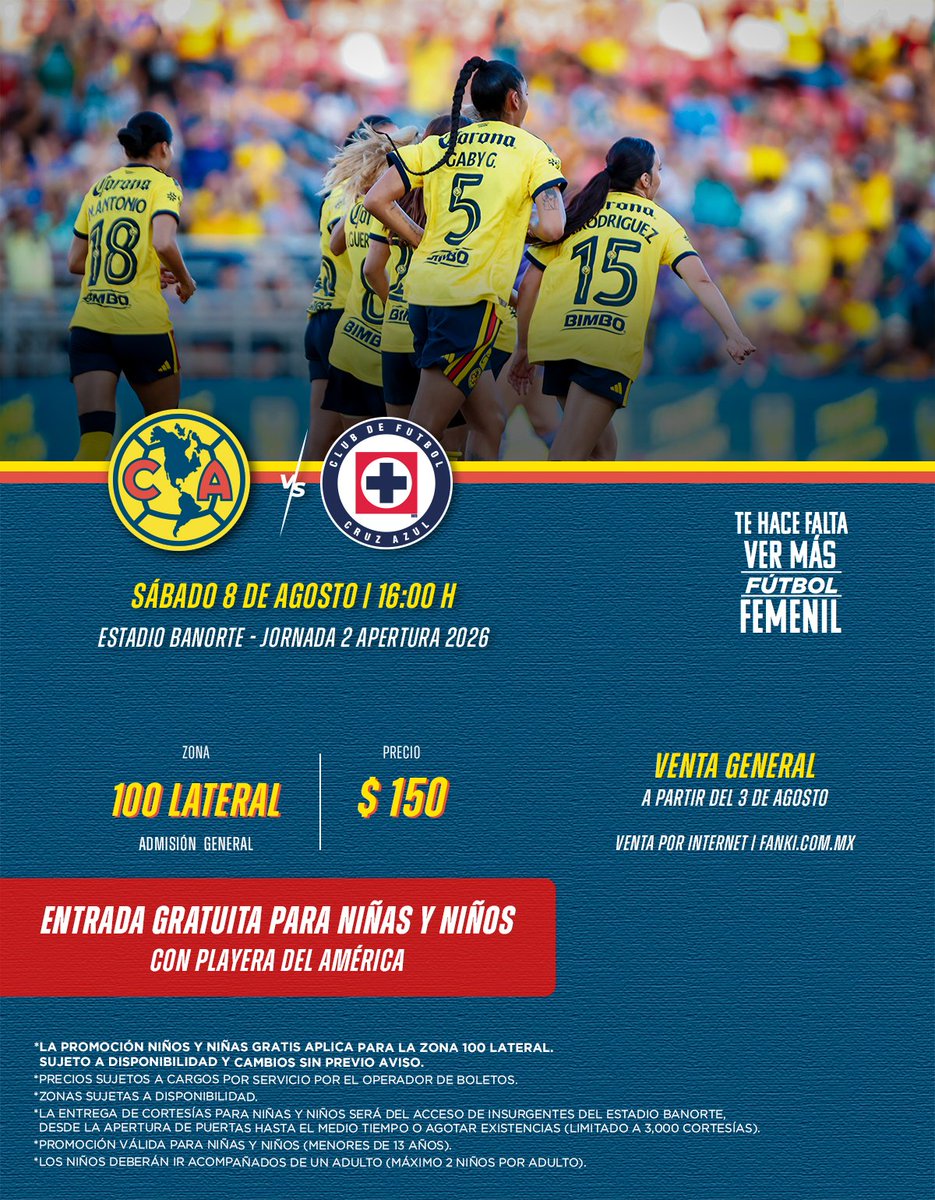 AyudaAmePass's tweet photo. ¡Este sábado nos vemos en casa! 

⚔️ América vs. Cruz Azul
🎟️ Compra tus boletos aquí: https://t.co/6HM6YpwCDD
💳 Adquiere tu AmePass Femenil AP26: https://t.co/OmaXu8OAqE

#TeHaceFaltaVerMásFútbolFemenil https://t.co/3DFwqa14JX