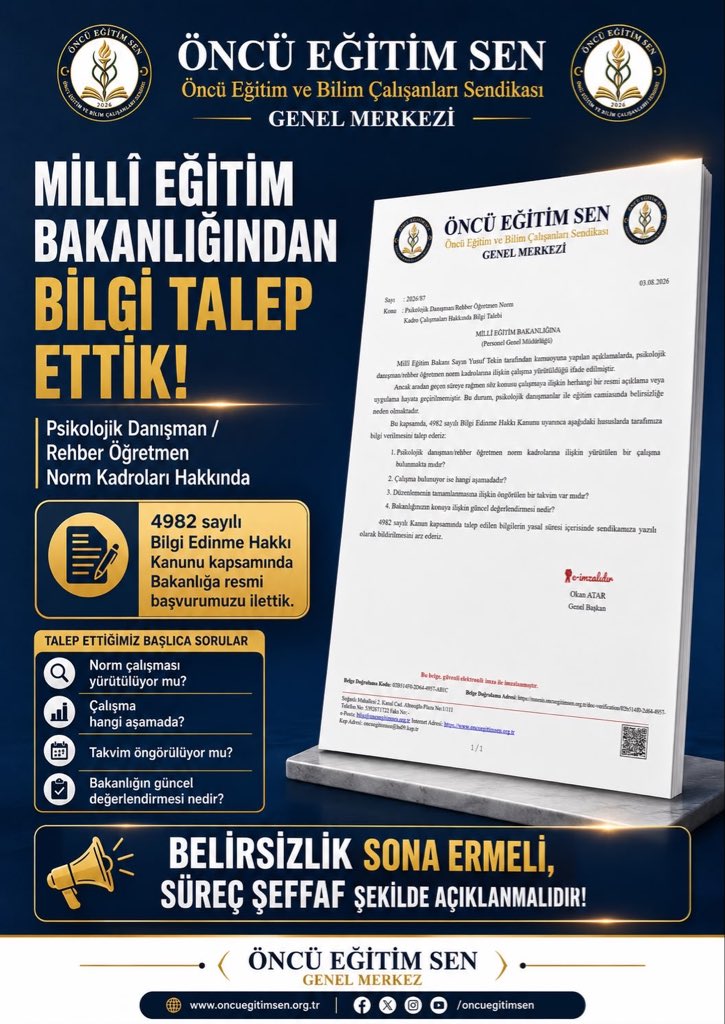 oncuegitimsen's tweet photo. Psikolojik danışman/rehber öğretmen norm kadrolarına ilişkin belirsizlik sona ermelidir.

Öncü Eğitim Sen olarak, 4982 sayılı Kanun kapsamında Millî Eğitim Bakanlığından resmî bilgi talep ettik.

Çalışmanın aşaması ve takvimi kamuoyuna açıklanmalıdır. 

#GelecekİçinPDRNormu https://t.co/usqyza6vzl