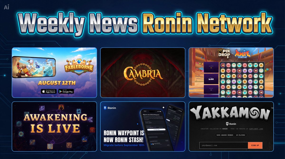 AuloxNFT's tweet photo. WEEKLY NEWS FOR @Ronin_Network 

•New Season for @fableborne getting closer
12 August Season 5

•The Genesis Airdrop for @playcambria keeps cooking

Massive updates, TGE around the corner and a massive amount of players risking keys!

•Axie Pin Drop its LIVE! 

For 7 days @pindropgame takes over @AxieInfinity 
Collect Axie pins, climb the leaderboard & Earn Rewards

•New Update on @PlayCalamity 

The Awakening Update its LIVE!

•Ronin Market now Supports Ronin Stash

Remember to migrate your account before September!
You can migrate your badges and bAXS 

•New game from @0xSunflowerLand its LIVE!

Welcome to @playyakkamon a creature collector from the makers of Sunflower 

@Kind_HQ