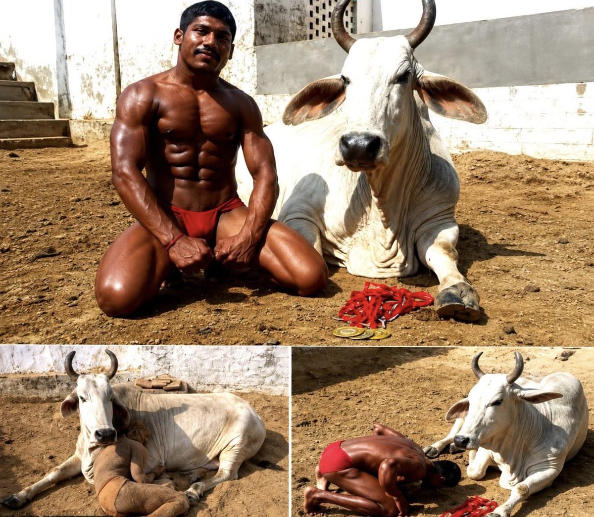 Puppieslover's tweet photo. Sanjay Singh, Indian athlete, honoring the debt of milk. The cow whose milk enabled him to fetch 3 gold medals. https://t.co/uQlK7OP20z