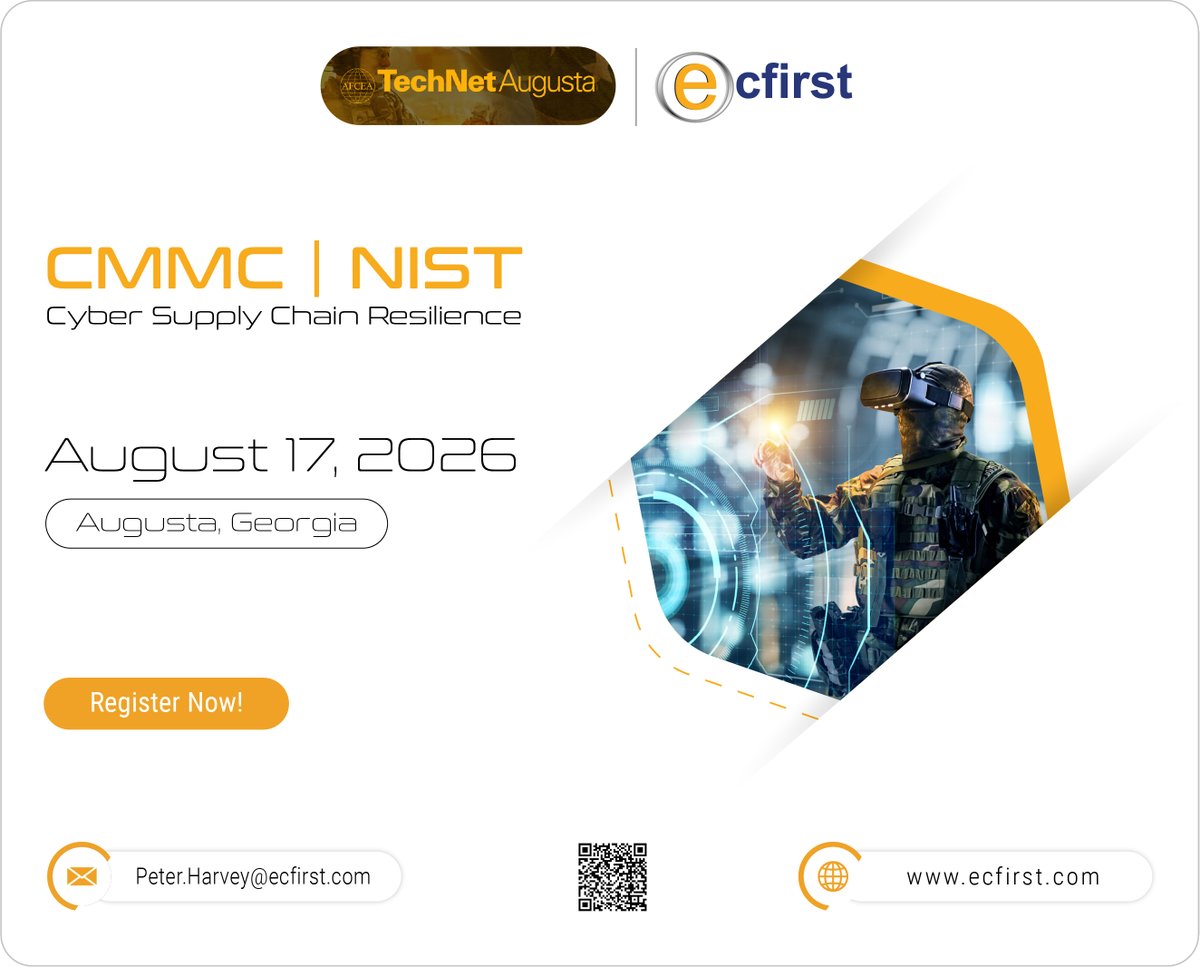 ecfirst's tweet photo. Authorized C3PAO. Registered RPO. Real answers. Find ecfirst at #TechNetAugusta, Aug 17 in Augusta, GA.
Register: https://t.co/FBV8dy506y #CMMC https://t.co/YLs7a0ijLw