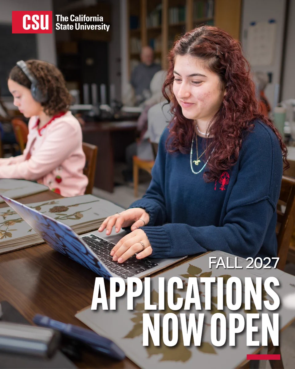 Two students work on laptops. Text reads, “Fall 2027 Applications Now Open.”