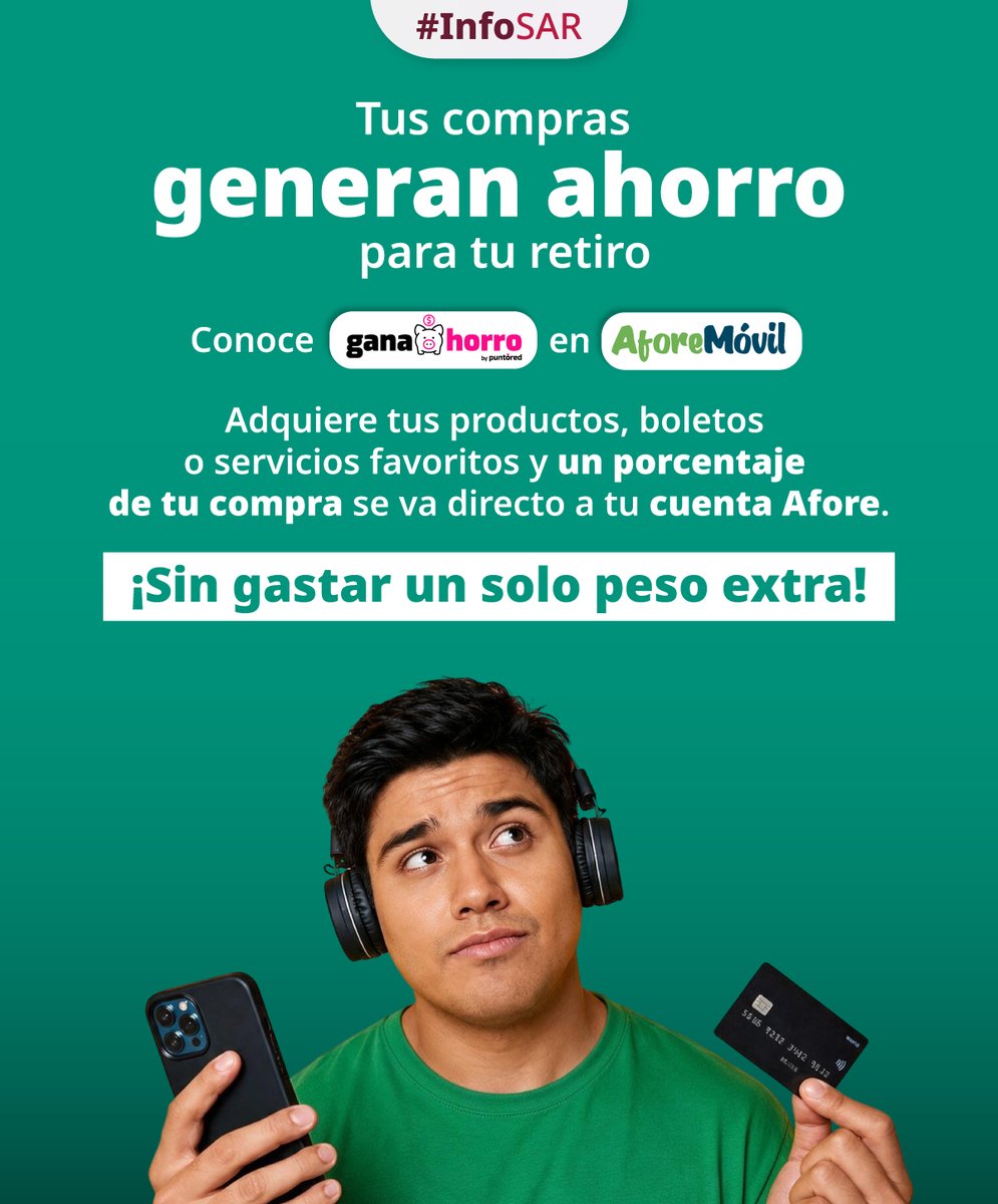 CONSAR_mx's tweet photo. Sumar a tu pensión puede ser tan sencillo como hacer tus compras habituales 📱✨

Con la GanAhorro dentro de AforeMóvil, disfrutas de tus servicios favoritos mientras generas un porcentaje de beneficio directo para tu retiro sin afectar tu presupuesto.

#GanAhorro #InfoSAR https://t.co/5TMfeiXb1f
