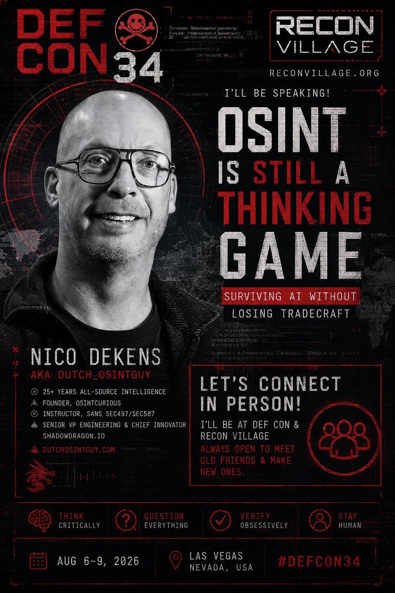 dutch_osintguy's tweet photo. I’ll be speaking at #DEFCON34 @ReconVillage !

“OSINT Is Still a Thinking Game: Surviving AI Without Losing Tradecraft.”

If you’re in Las Vegas during #BlackHat or DEFCON, let’s meet. Always happy to reconnect with old friends and make new ones.

#OSINT #AI #ReconVillage https://t.co/MnU2GikhRR
