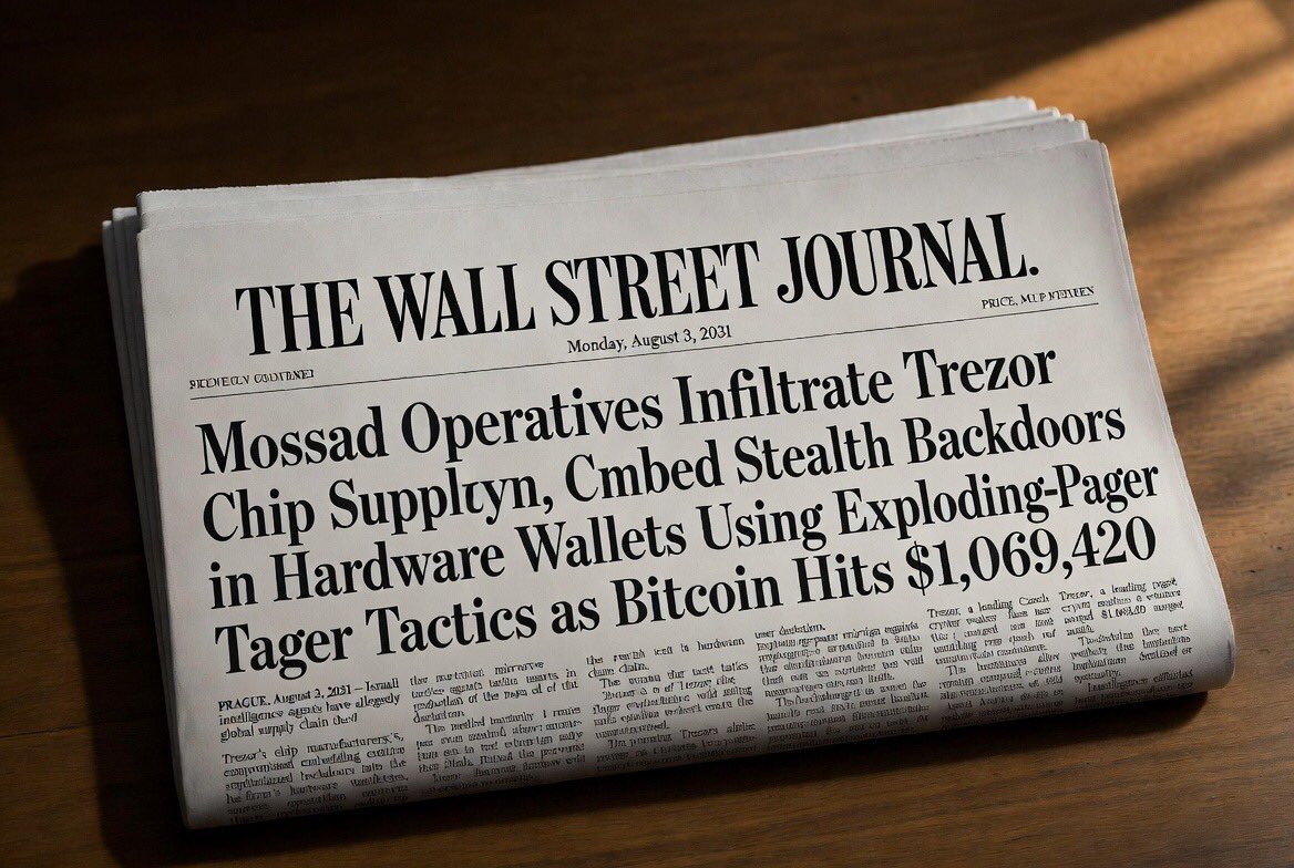 BoiseHODL's tweet photo. Mossad Operatives Infiltrate Trezor Chip Supply Chain, Embed Stealth Backdoors in Hardware Wallets Using Exploding-Pager Tactics as Bitcoin Hits $1,069,420

PRAGUE, August 3, 2031 — Israeli intelligence agents have allegedly compromised the global supply chain of Trezor’s chip manufacturers, embedding sophisticated backdoors into the firm’s hardware wallets, sources familiar with the operation claim.
The method mirrors tactics used in the 2024 exploding-pager campaign against Hezbollah, with operatives inserting microscopic firmware modifications during production stages in Asia. The backdoors reportedly allow remote extraction of private keys without user detection.
Trezor, a leading Czech crypto wallet maker, has not commented. Bitcoin surged past $1,069,420 amid the unfolding reports, as markets weighed the implications for cold-storage security. Intelligence officials declined to confirm or deny the operation.