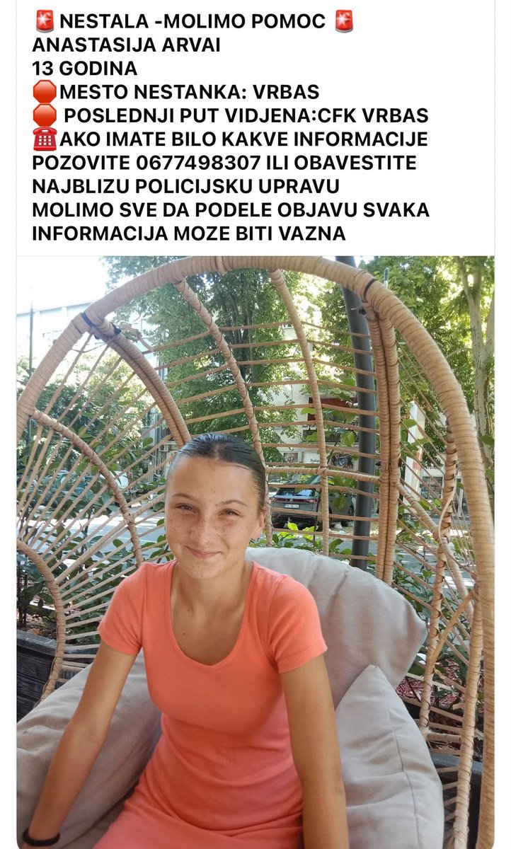 DucaVisko's tweet photo. #Vrbas nestala devojčica 13 god. Policija je obaveštena, ako nešto znate javite na broj u objavi! https://t.co/JUN6k251Jw