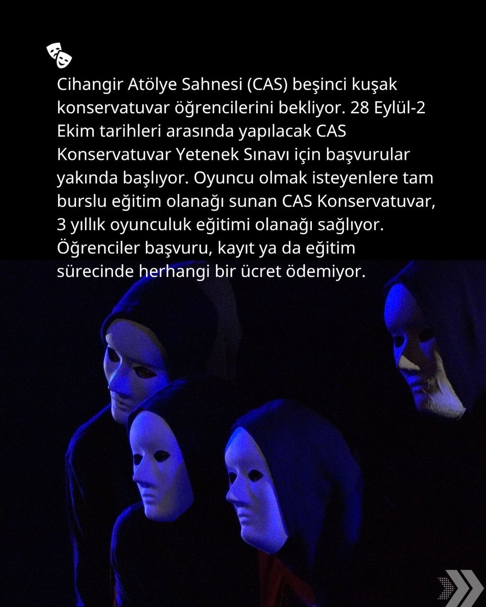sahnedennet's tweet photo. Cihangir Atölye Sahnesi'nde giriş sınavı zamanı: Konservatuvar 5. kuşağını bekliyor

@casistanbul beşinci kuşak konservatuvar öğrencilerini bekliyor. 28 Eylül-2 Ekim tarihlerin arasında yapılacak CAS Konservatuvar Yetenek Sınavı için başvurular yakında başlıyor. 

Üç yıllık tam bursu eğitim olanağı sunan CAS Konservatuvar'da başvuru, kayıt ya da eğitim sürecinde herhangi bir ücret ödenmiyor.

Konservatuvarın dışında dört ayrı seviyedeki oyun atölyeleriyle Kamera Oyunculuğu Atölyesi ve Temel Oyunculuk Atölyesi için de başvurular başladı.

https://t.co/d2S9n2Efli