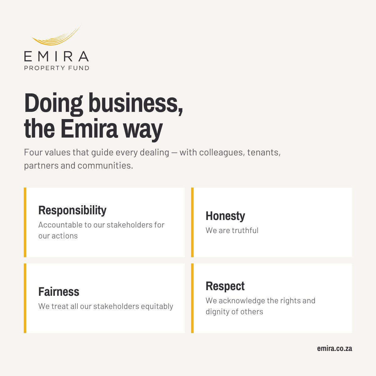 EmiraPropFund's tweet photo. Responsibility. Honesty. Fairness. Respect. The values that guide everything we do.

#TheEmiraWay #CorporateValues #Trust https://t.co/rKs8hJPhDw
