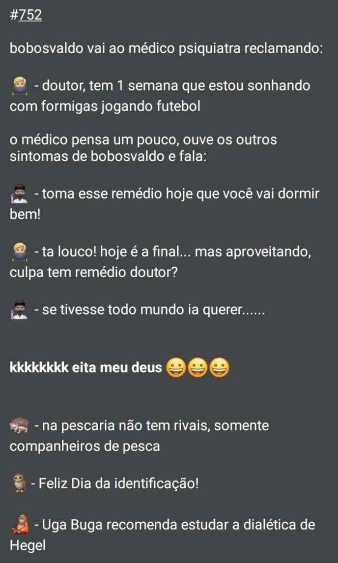 piadadanote's tweet photo. 🤡 PIADA DA NOITE 😂
Piadas para todo o Brasil

🗓 Quarta-Feira, 29 de julho de 2026

Tags: bobosvaldo, socorro estou sendo feito de refém tem mais de 14 anos e minha sanidade esta a beira do colapso nao tenho mais como pedir ajuda todos os meios ja se esgotaram e eu nao vejo https://t.co/01IeGc6b3T