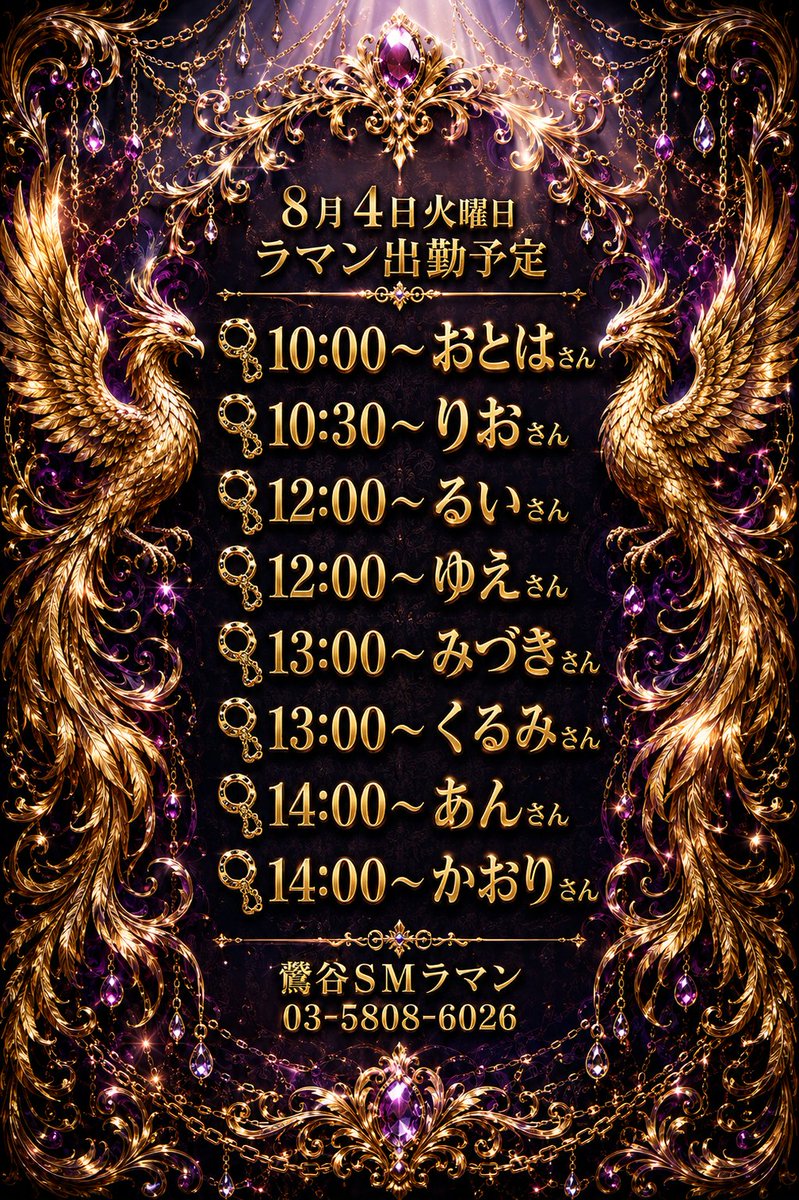 RAMAN_no_5's tweet photo. 8/4(火) 本日の出勤予定画像をUPしました。

黒紫と黄金に彩られた本日は、個性際立つ8名が揃います。静かな刺激から深く濃密な時間まで、選ぶのはあなた。

画像で気になる方を見つけたら、空き状況が変わる前にお早めにお問い合わせください。

鶯谷RAMAN
03-5808-6026 https://t.co/0X6lReRs28